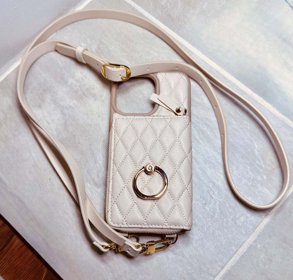ZVE Crossbody Wallet iPhone 14 Pro Max Case Beige Quilted Leather with Strap
